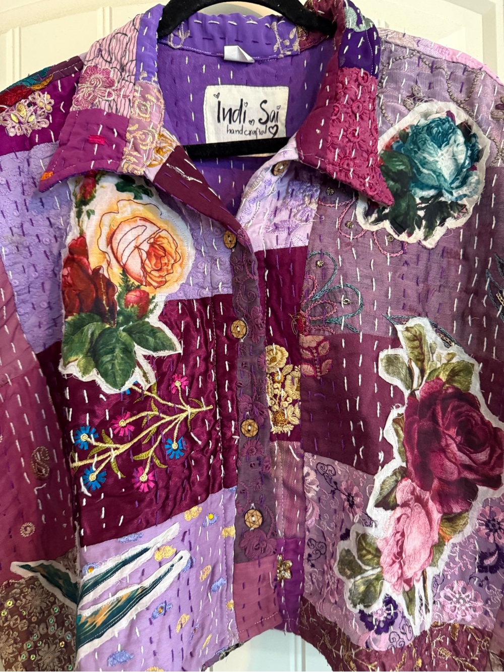 Purple Patchwork Floral Button-Front Top - Picture 4 of 6